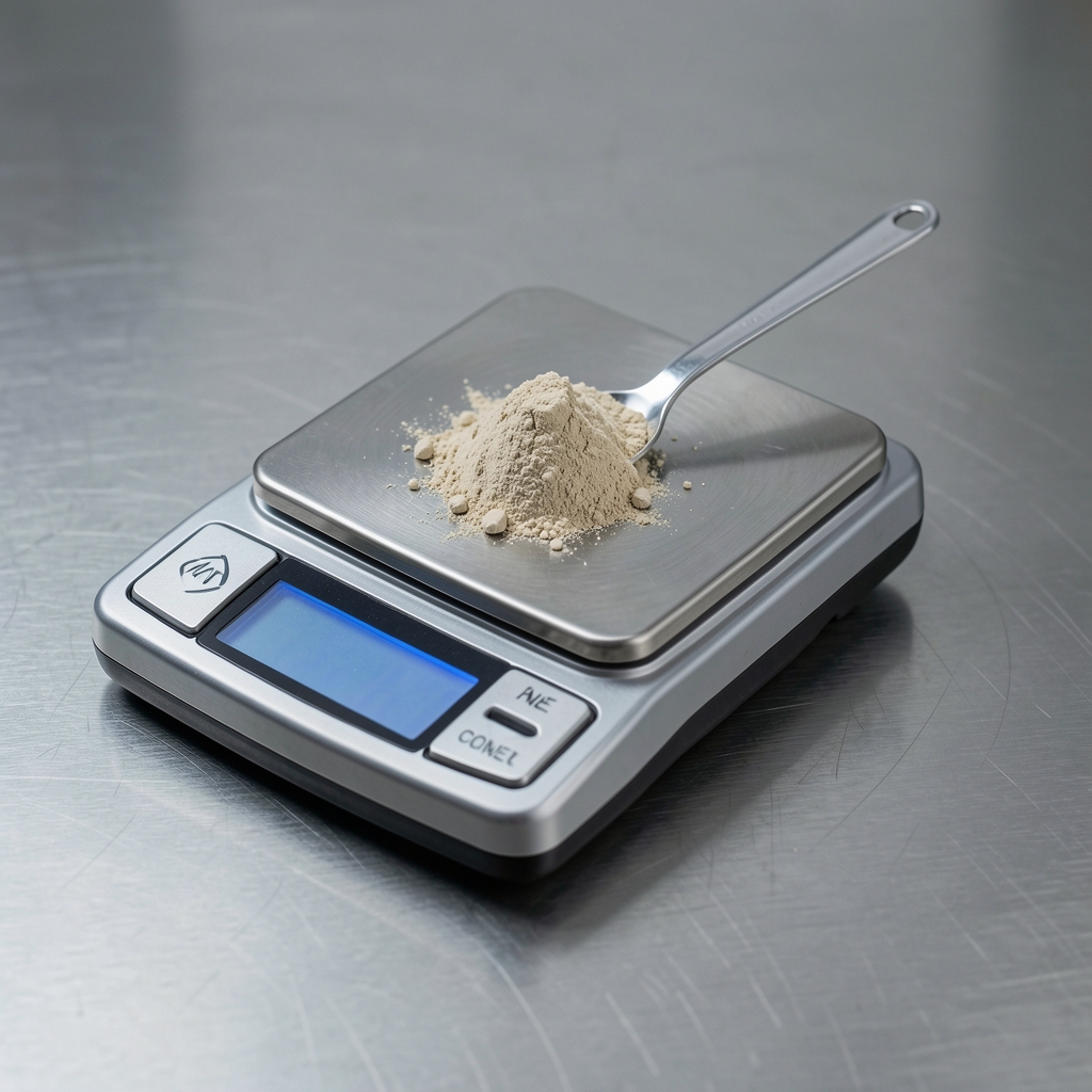 Precision calibration scale with a small measure of powdered supplement ingredient on a stainless steel surface under controlled workspace lighting