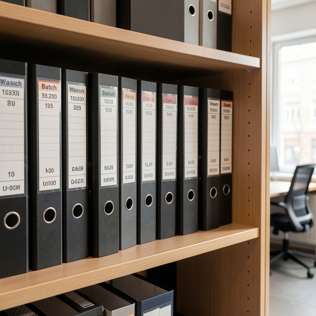 Closed archive binders with batch coding labels on a clean wooden shelf in a Warsaw office, orderly and well-lit workspace