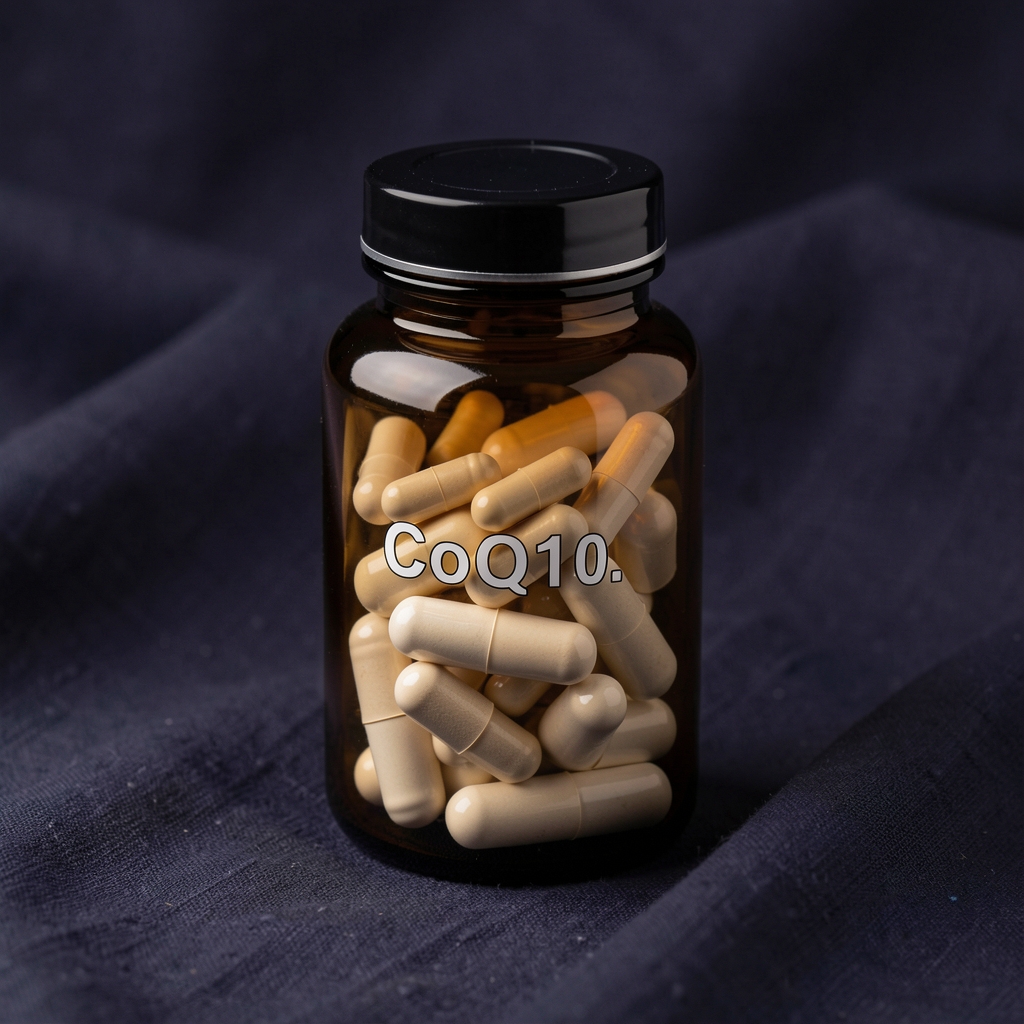 Dark glass supplement bottle containing CoQ10 and selenium capsules photographed on a dark linen cloth with soft overhead studio lighting